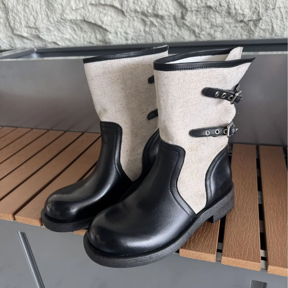 Women’s Cowboy Boots Canvas Vintage Color-Block Breathable 2026 Autumn Mid-Calf Riding Boots Thick-Soled Ankle Boots for women