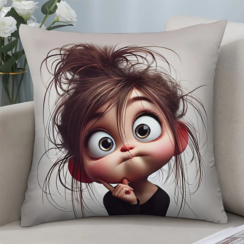 Housse de coussin avec une fille fantaisiste en position réfléchissante - Design contemporain en marron avec une fille de dessin animé blanche