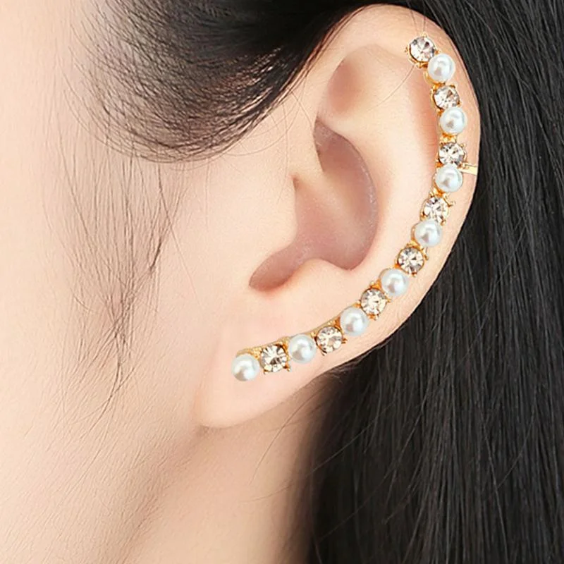 1Pc Punk Rock Pearl Rhinestone Crystal Pearl Ear Cuff Wrap Stud Earring for Women Cartilage Piercing Jewelry Ear Clips Earrings