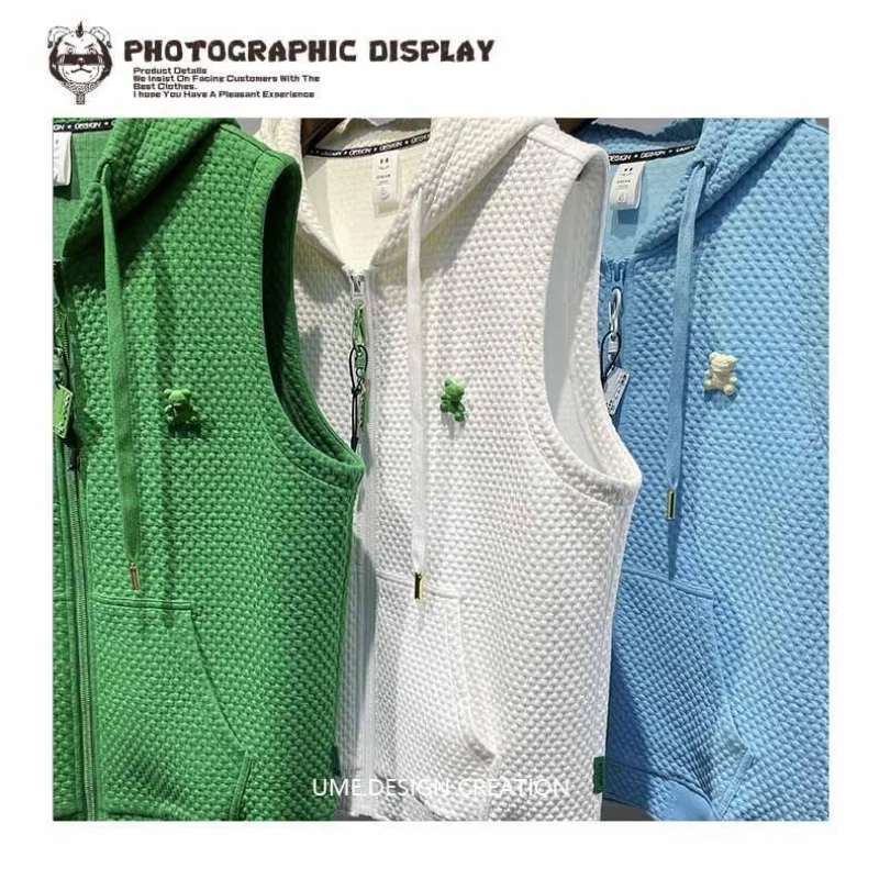 Men's Jacquard Vest Summer Hooded Sweatshirt Sleeveless T-shirt Sports Waistcoat Solid Zipper Pockets Drawstring Sweater Tops