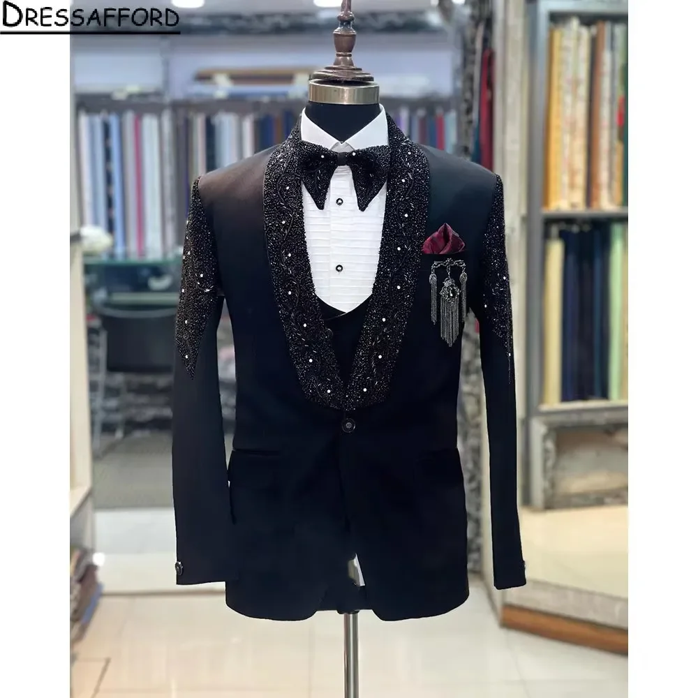 Black Groom Wear Diamonds Beading Formal Men Suits 2 Piece Jacket And Pants Sets Smart Casual Business Blazer