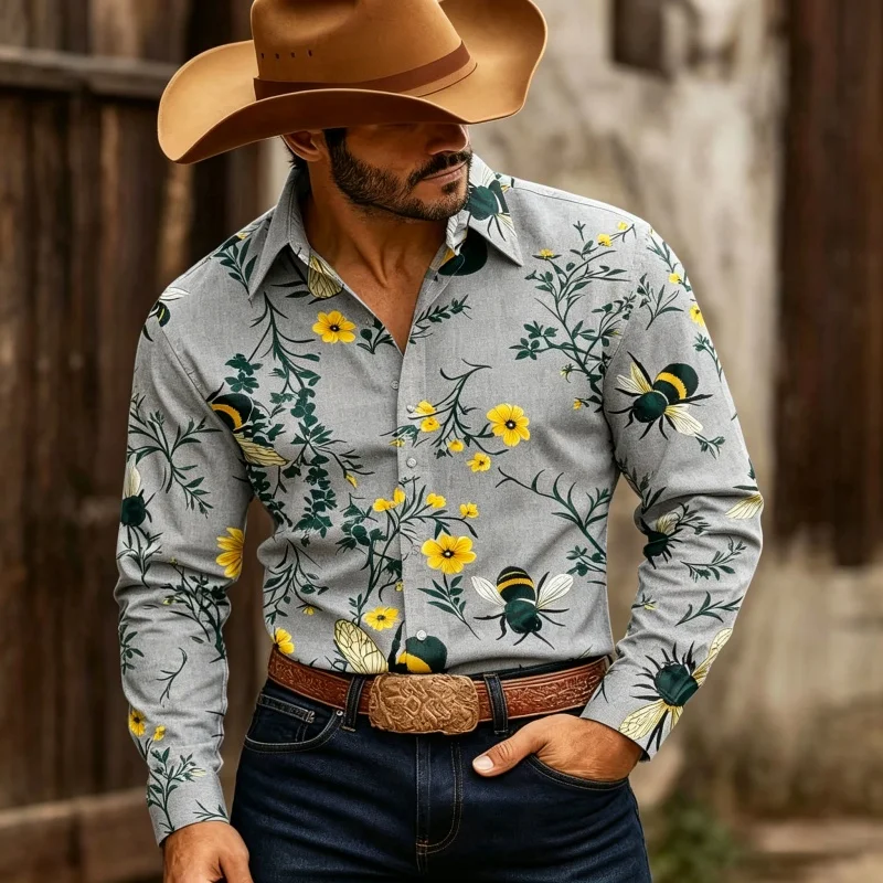 Men's Floral Print Long-Sleeve Shirt, Stylish Slim-Fit Button-Down Casual - view 3