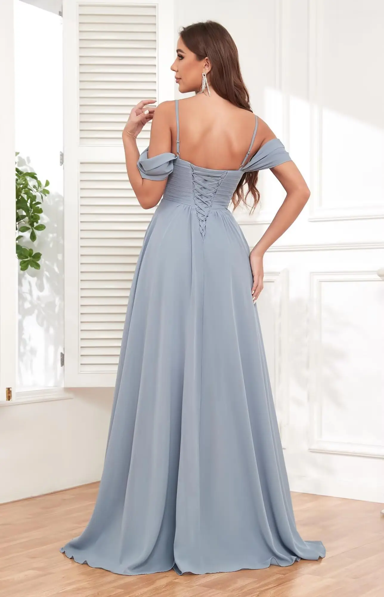 Off The Shoulder Bridesmaid Dresses for Women with Pockets Split Long Chiffon Formal Evening Dresses
