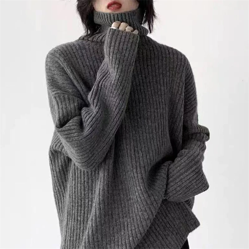 

Женский кашемировый свитер из 100% чистой шерсти, осень-зима 2025 года, новый пуловер с воротником, модные свободные вязаные топы большого размера с высоким воротом