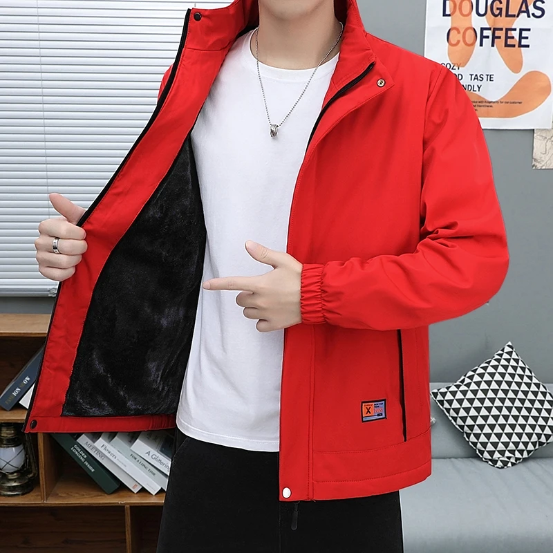 2024 Korean Men's Jacket Spring and Autumn Lining Fleece-lined Outdoor Youth Sports Coat Fashionable Vertical Collar Work Jacket