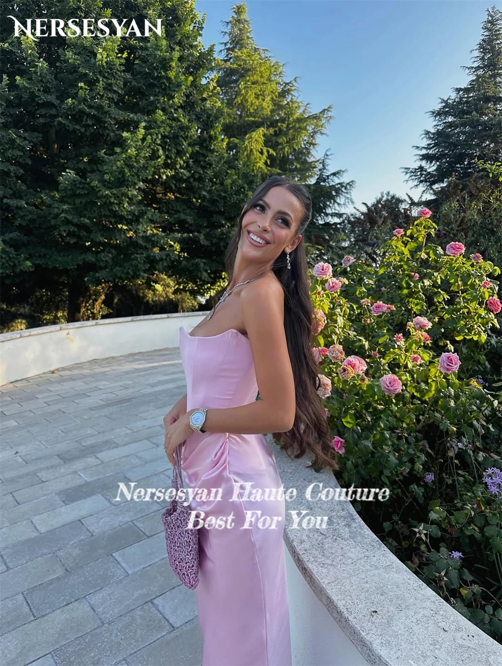 Nersesyan sirène rose robes de soirée épaules dénudées plis moulante robe formelle brillant Occasion spéciale robes de soirée personnalisé