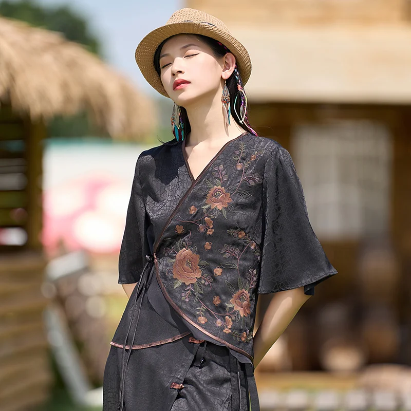 

New Women's Ethnic Embroidery Floral Print Shirt Sleeveless V-Neck Vintage Style Ruffle Sleeve Loose Fit Summer Top