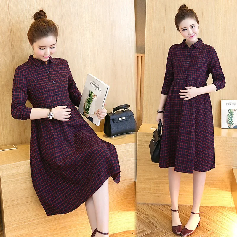 

Autumn Maternity Dress High Waist Loose Long Plaid Long Sleeve Dresses Pregnancy Clothes for Pregnant Women Maternity Clothes