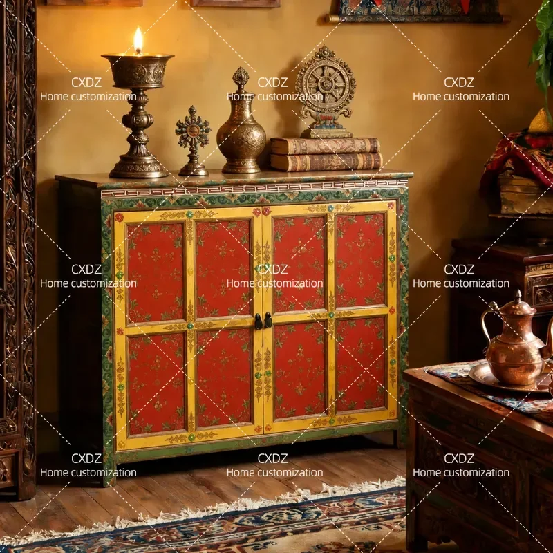 Tibetan retro entrance cabinet old painted living room multi-draw chest cabinet decoration decoration Xizang style locker