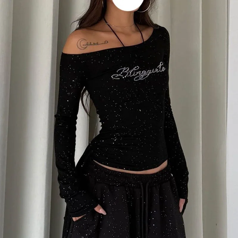 Y2K Diamant T-Shirts Damen Streetwear Sexy Schwarzes Crop Top mit Schräghals Gyaru Harajuku Langarm-Shirts Mode Grunge Kleidung