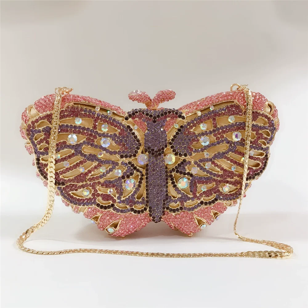 

Handbag summer new rhinestone chain hand-held dinner bag banquet dress color metal butterfly full diamond texture women's bag