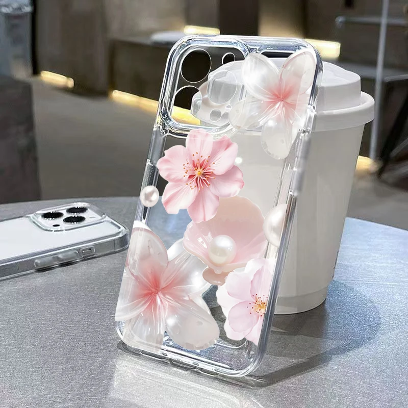 أنيقة الوردي زهر الخوخ اللؤلؤ طباعة جراب هاتف آيفون 16 17 برو ماكس 15 14 13 12 11 برو ماكس 16E X XS 7 8 زائد غطاء شفاف