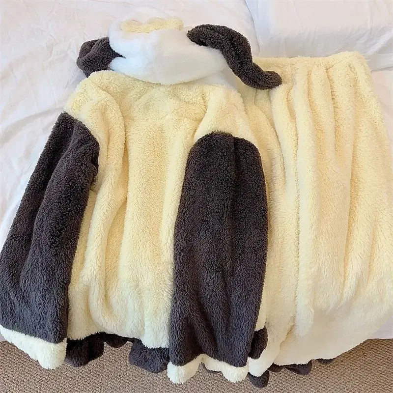 귀여운 포차코 후드 잠옷 여아용 상의 및 바지, 가을 겨울 산호 벨벳, 두꺼운 커플 만화, 귀여운 캐주얼 홈 웨어 세트