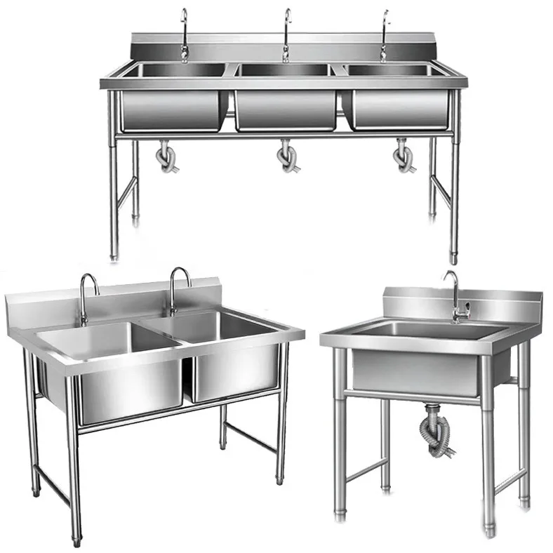

stainless steel, three sinks , washing basin, three sinks in the vegetable basin.
