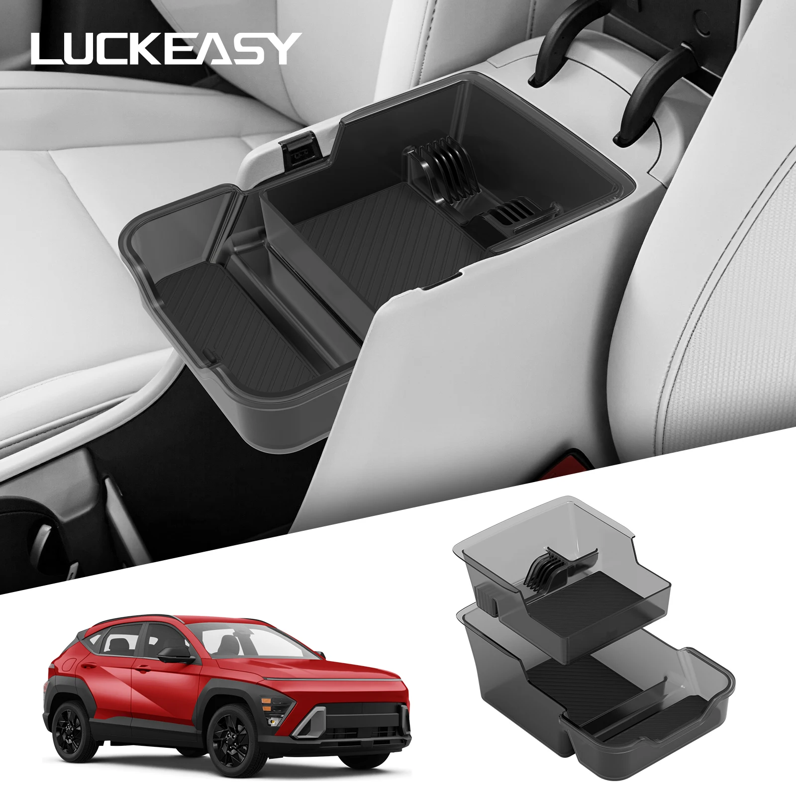 LUCKEASY for Hyundai Kona 2025 2026 Car Storage Box Accessories Center Console Armrest Box Double-layer Storage Case Tray