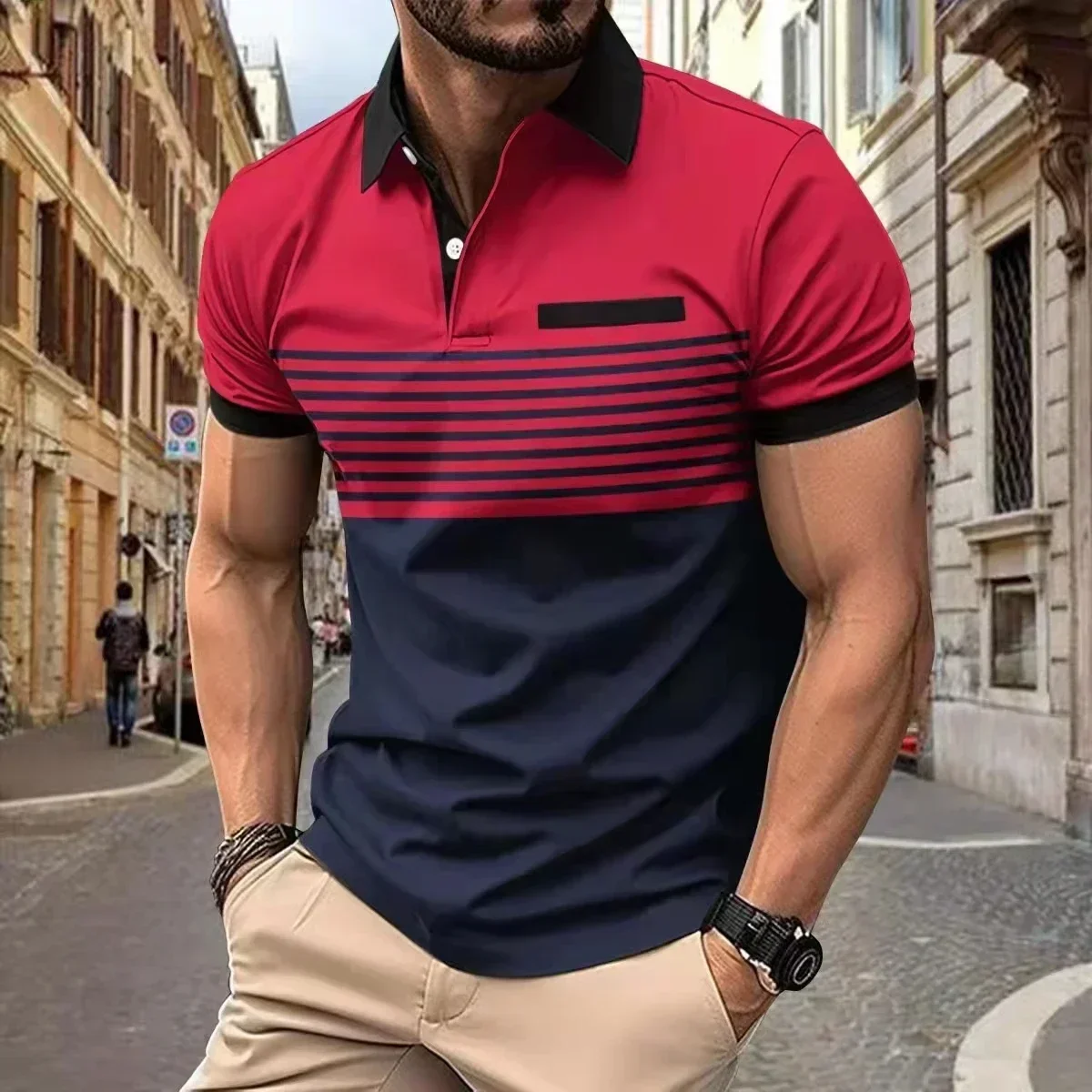 Men's Fashionable Casual Striped Polo Shirt Short Sleeve Button Lapel Regular Fit Cross-Border Trade Other Material