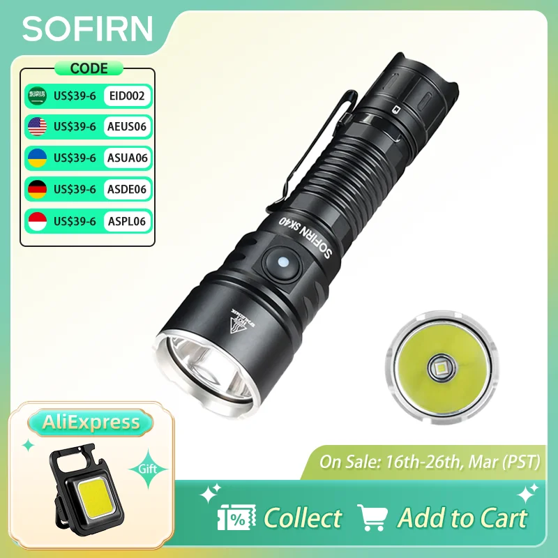 Sofirn SK40 3200lm Powerful Tactical Flashlight SFT70 LED Light 21700 USB C Rechargeable Long-distance 580m EDC Torch IP68 Lamp