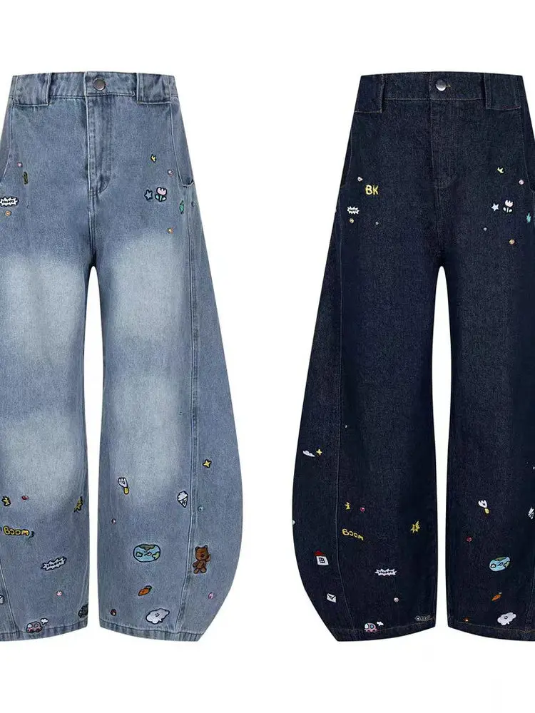 

Широкие джинсы в стиле ретро с американской мультяшной вышивкой, женские свободные повседневные брюки для пар, прямые свободные брюки