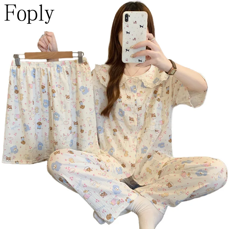 3Piece Korean Cartoon Woman Pajama Set Clouds Cotton Pyjama Ins Style Doll Collar Lace Sweet Sleepwear Pants Pijama Loungewear