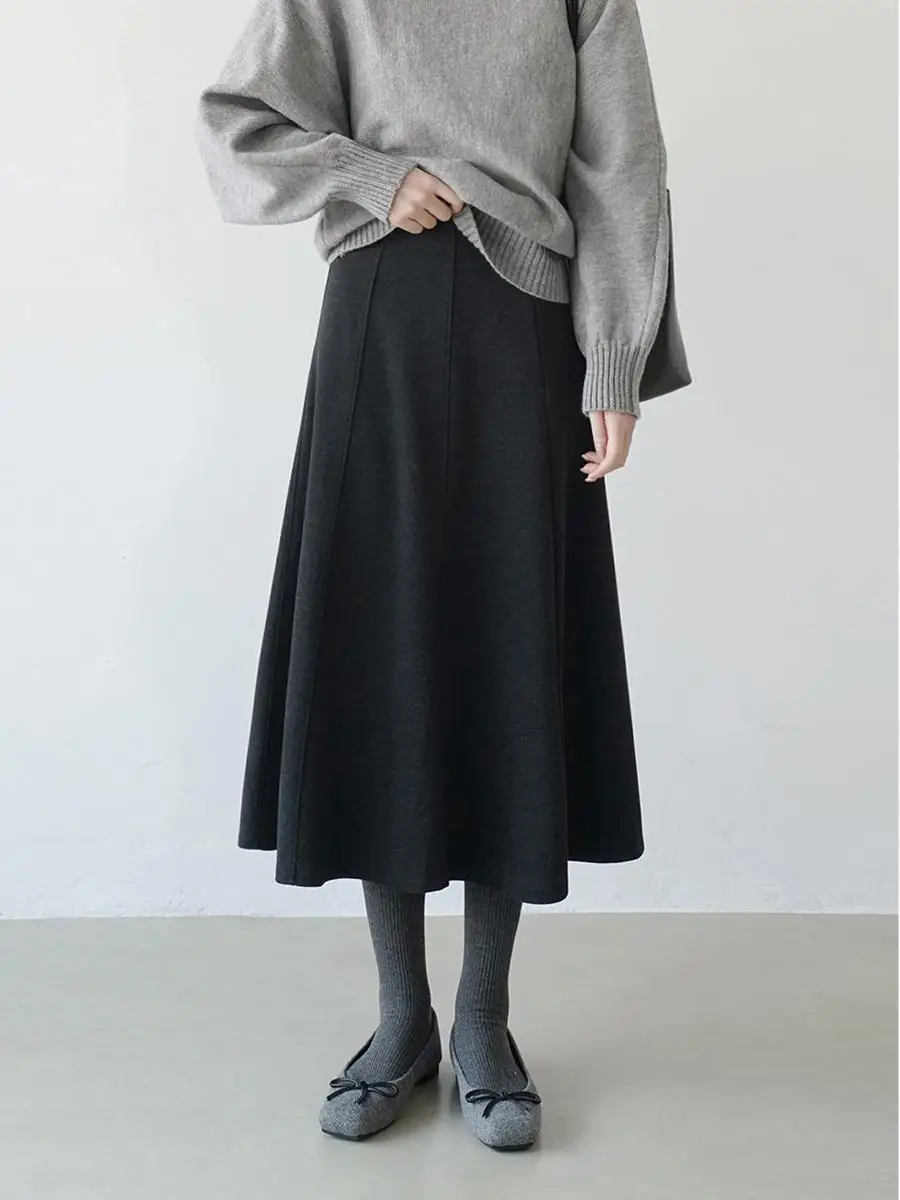 

Юбка А-силуэта с высокой талией и эластичным поясом из шерстяной ткани для офиса, стройнящая, с широким подолом, осенне-зимняя новинка