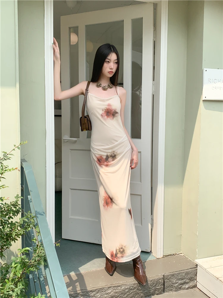 CHEERART Cowls Floral Beige Backless Long Dress For Women 2023 Summer Vacation Outfits Casual Slip Midi Dress Holiday Clothes