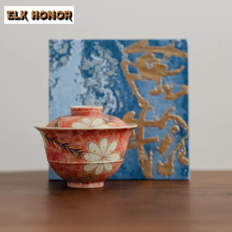 

90ml Hand-painted Pomegranate Flower Gaiwan Antique Tea Tureen Tea Bowl With Lid Kit Tea Brewing Cover Bowl Teaset Ornaments