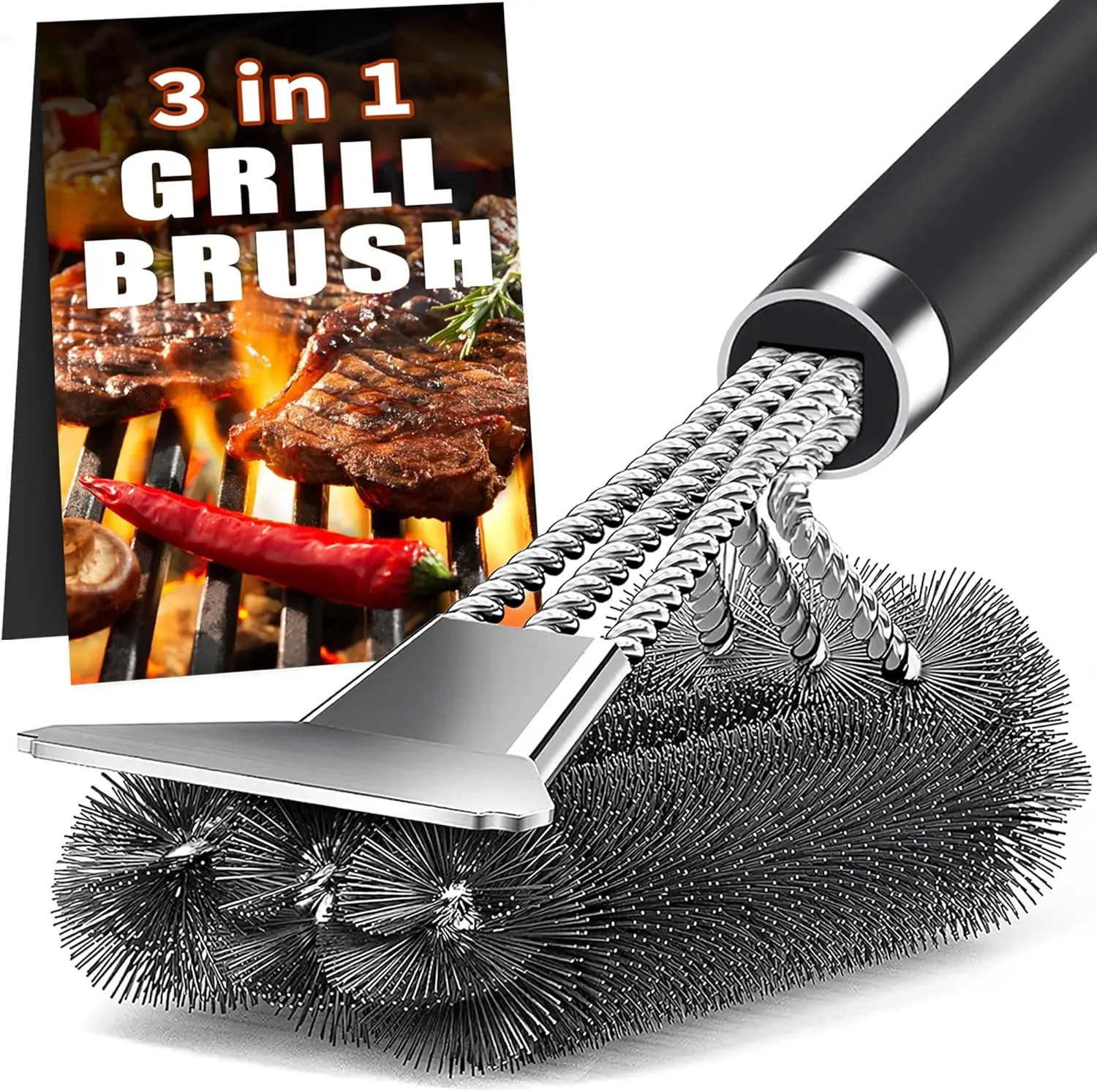 Stainless Steel Grill Cleaning Brush, Outdoor BBQ Grill Wire Brush with Scraper, Grill Accessories, Picnic Tools