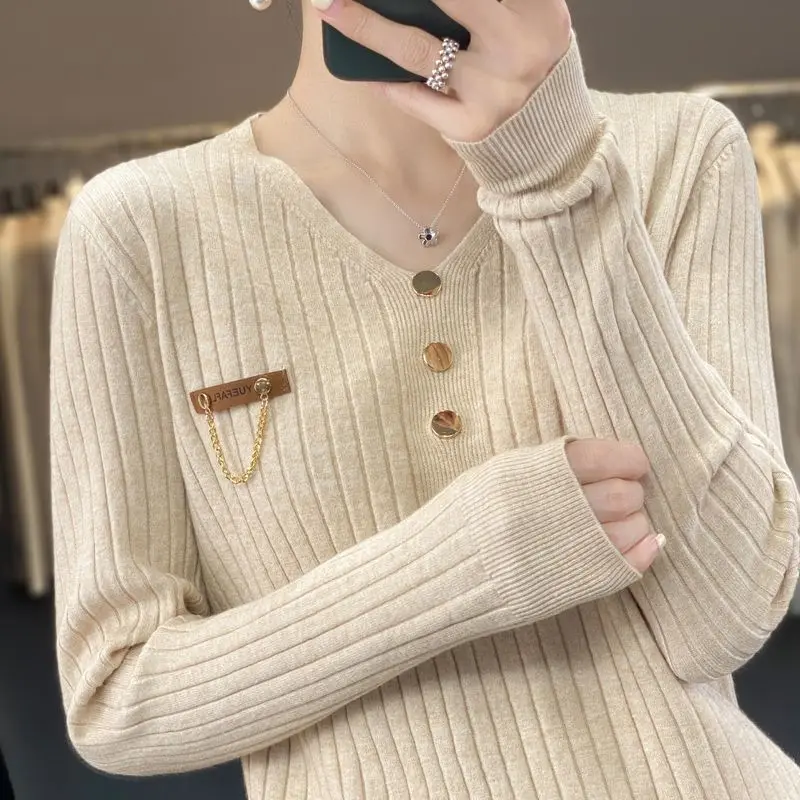 Autumn and Winter Women's Pullover V-neck Solid Button Screw Thread Rivet Lantern Long Sleeve Fashion Office Lady Casual Tops