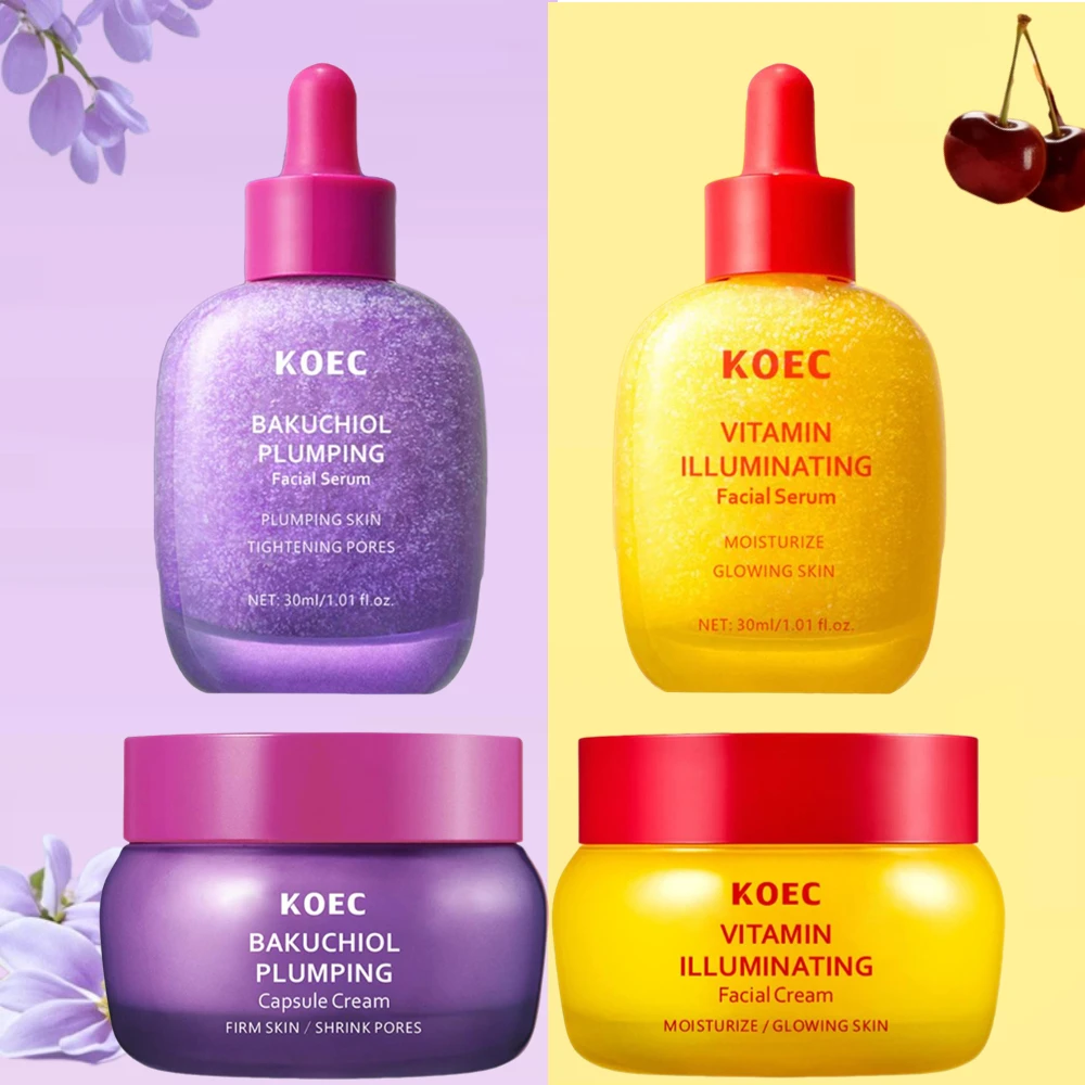 KOEC BAKUCHIOL Plumping Capsule Cream & Vitamin Illuminating Serum, Firming Lifting Brightening Moisturizing Facial Skin Care