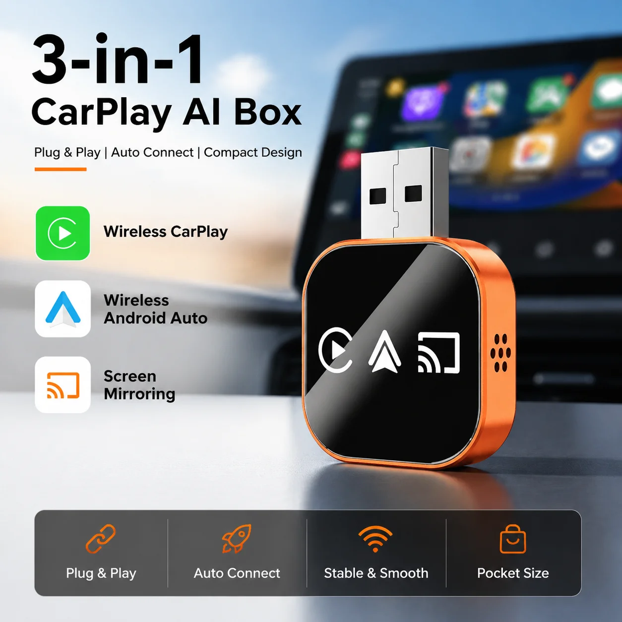 

New Upgrade 3 in 1 Wireless Carplay Mirror Link Adapter Instant Wired to Wireless Conversion Plug & Play For iPhone/Android 2025