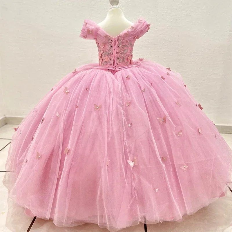 Pink 3D Bufferfly Flower Girls Dress Off Shoulder Ball Gown For Birthday Lace Crystals Beads Bow Princess Child Girls Ball Gown