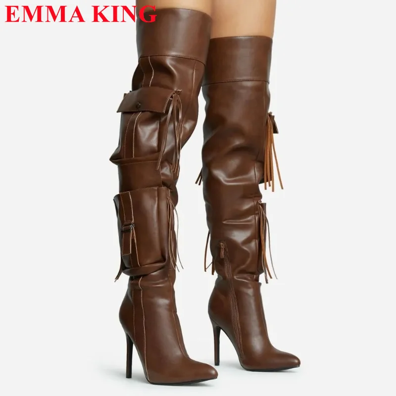 

Winter Autumn Women Pocket Fringe Thigh High Black Brown Pointed Toe Over The Knee Boots Ladies High Heel Shoes Long Boots Woman