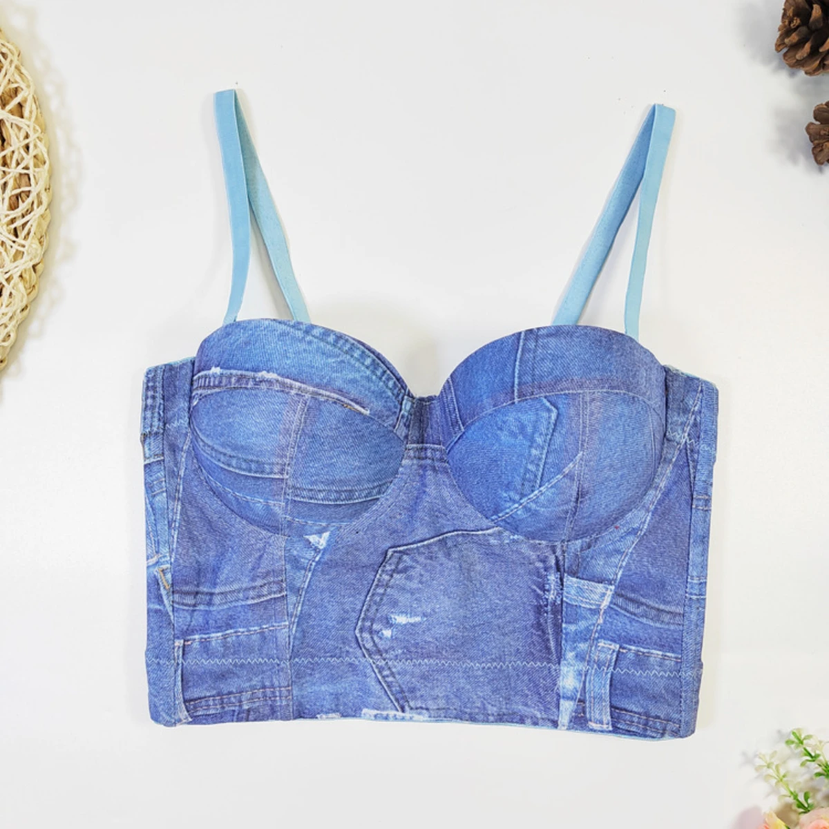 Denim Corset Crop Tops Bra Cup Women Casual Sleeveless Halter Bustier Camisole Fashion Slim Sexy Lingerie Tank Top Summer Bodice