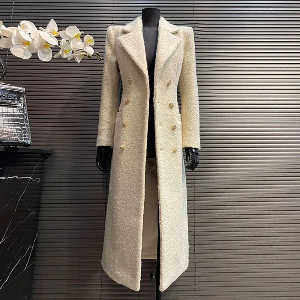 Elegant Women Thicken Tweed Jacket New Vintage Double Breasted Long Solid Woolen Coat Quality Autumn Winter Faux Wool Outerwears