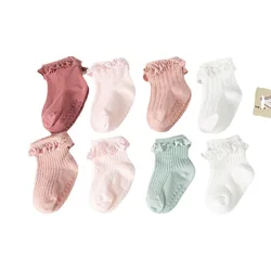 Calcetines de princesa para bebé, antideslizantes, con volantes de encaje y colores lisos, 0 a 3 años, 4 pares