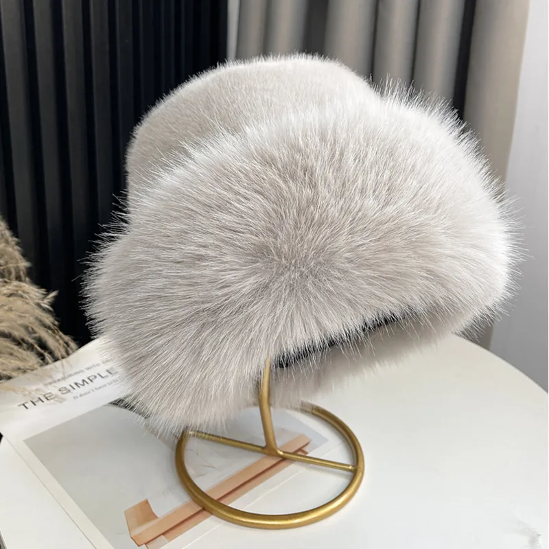 Faux Fur Fox Fur Hat For Women Winter Thickened Warm Plush Hat Northeast Cold-Proof Hat Fashion Flat Top Hat Fluffy Bomber Hat