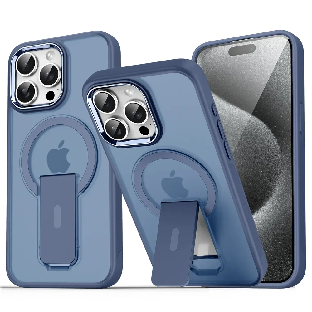 

For iPhone 16 15 14 11 12 13 Pro Max Plus Hard Anti-fall Matte Back case Magsafe Magnetic Stand Invisible Support Phone Case