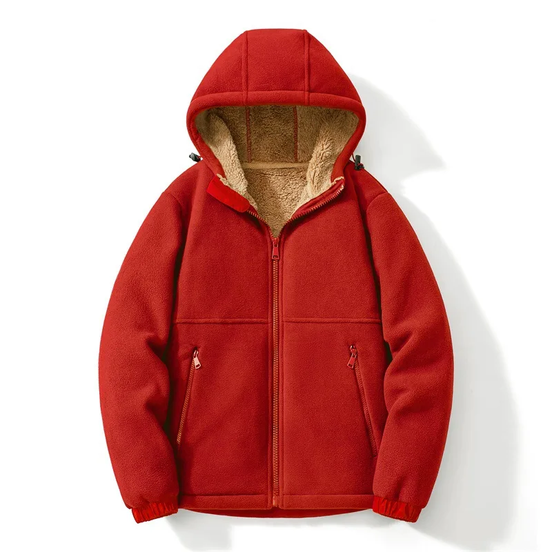 Autumn Winter Warm Thicken Men Coats Lambswool Full Zip Pockets Design Casual Hoodies Cold-proof Warm-keeping Sports Coat