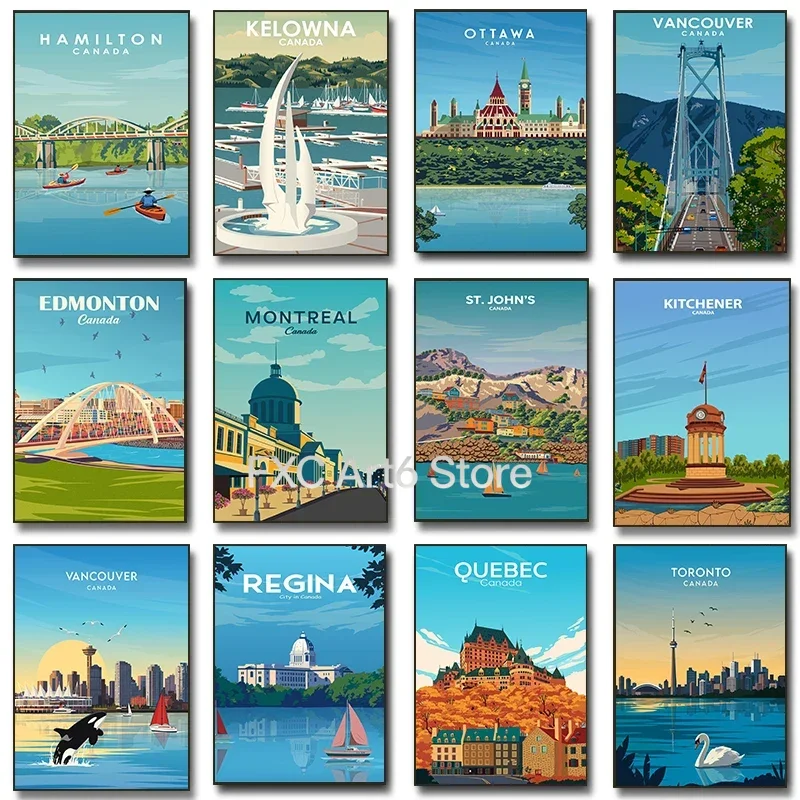 1PCS frameless Canada Skyline Travel Poster Vintage Cityscape Architecture Quebec City Prints Canvas Painting Wall Art Pictures