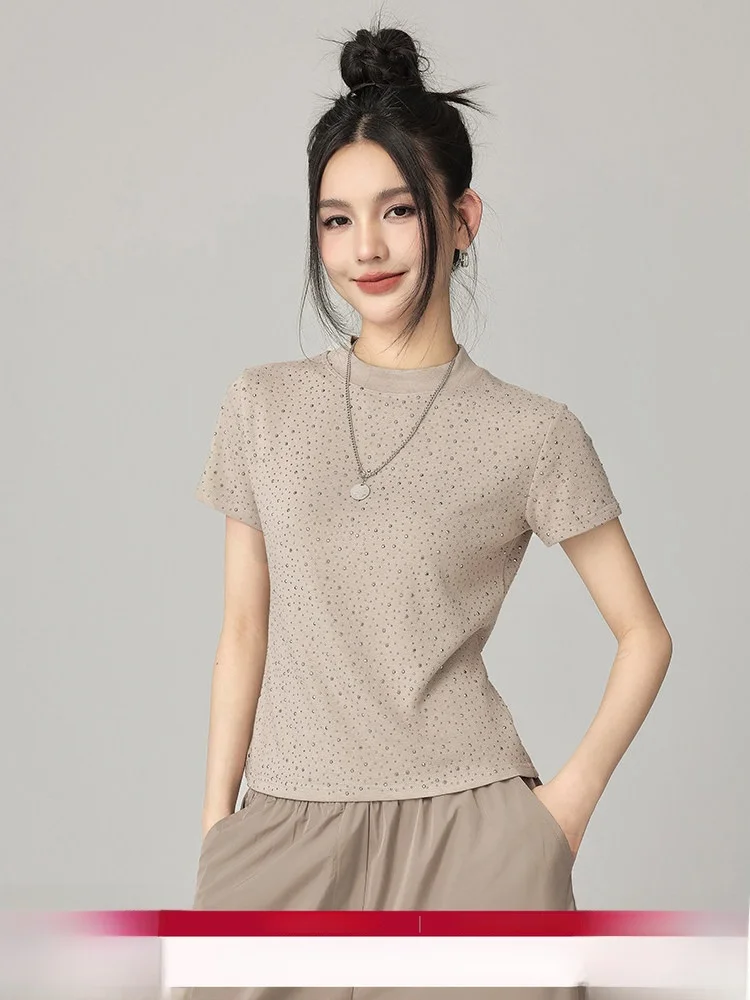 

Модная футболка Chill Zoeys с коротким рукавом, со стразами, приталенная, весна 2026, повседневная, из смесового хлопка, удобная, для лета