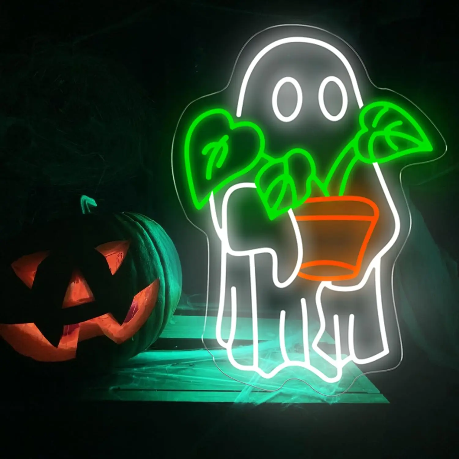 

Призрак, держащий растение, неоновая вывеска USB Dimmabale, светодиодный неоновый свет для вечеринки, комнаты, бара, человека, пещерного клуба, паба, магазина, декор окна, подарок на Хэллоуин