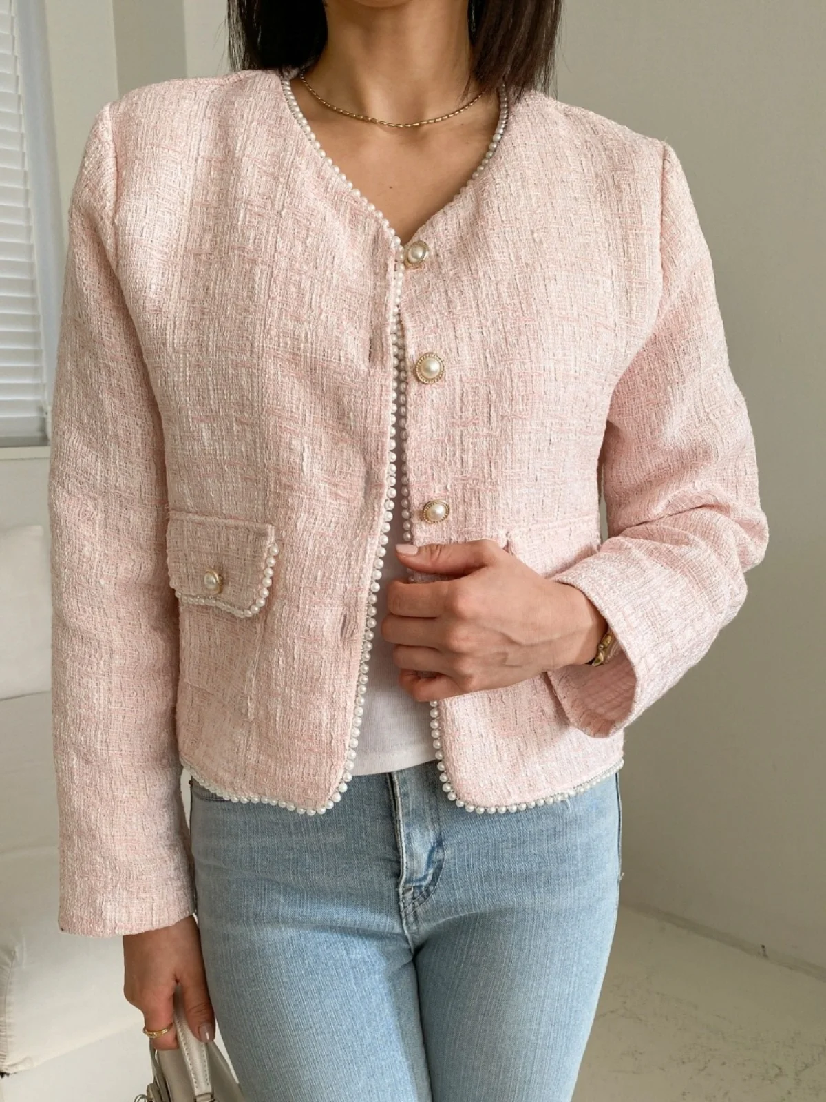 

Chic Spring New Women's Perfume Sle Coat Coarse Tweed Pearl Button V-ne Slimming Single Button Top ort Outerwear