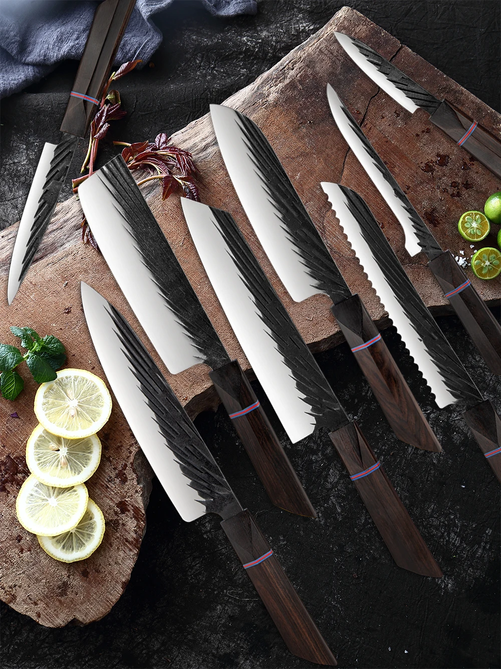 XITUO Kitchen Knives Set 1-8Pcs Ultra Sharp 440C Steel Chef Knife With Ebony Wood Handle Meat Cleaver Slicer Cooking Knives