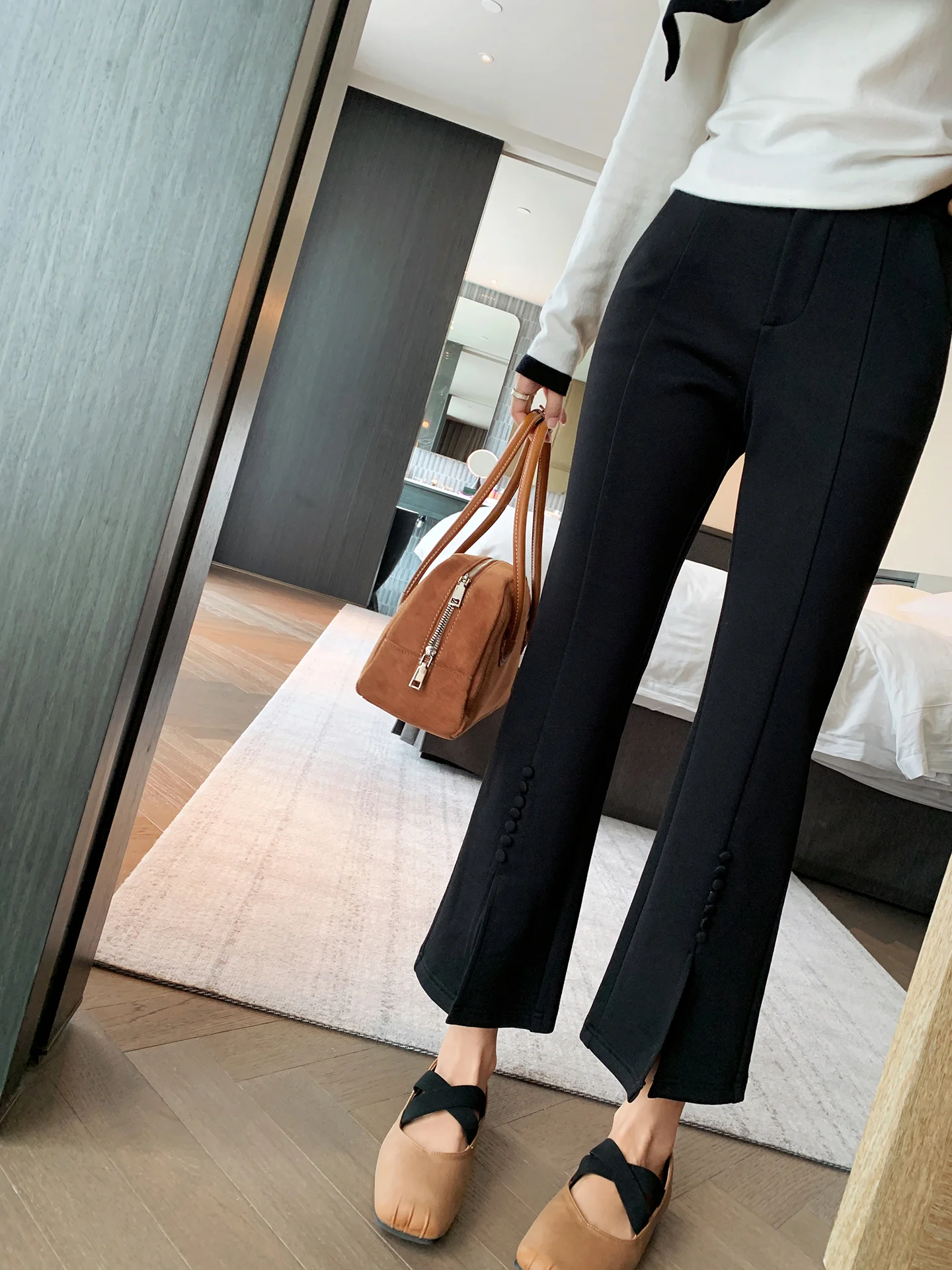 Bla Casual Commute Women's Pants High Waist Flared Leg Button Front Slit Nine-Tenths Length Spring Autumn Versatile Bla T...