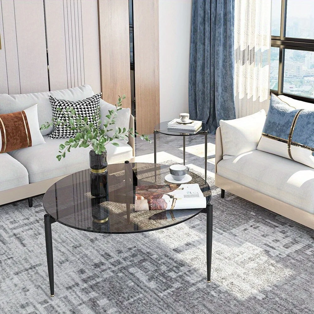 Mid Century Round Glass Coffee Table Center Table w/ Chic Clean Line Metal Legs