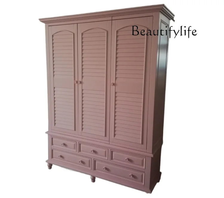 

European Style Cream Style Solid Wood Wardrobe Pastoral Style Pink Color Storage Cabinet