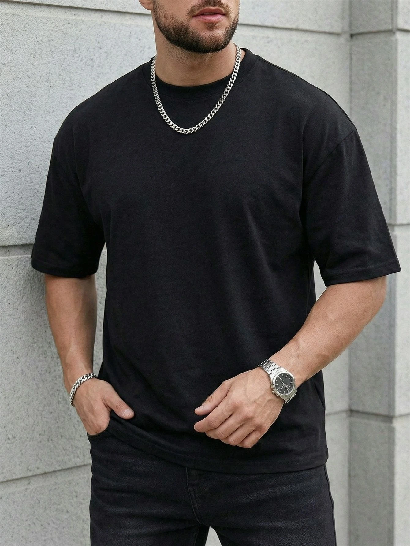 Men's Solid Color Short-Sleeve T-Shirt - American Mountain Camping Style Short-Sleeve T-Shirt, Loose Fit, Drop Shoulder Cut