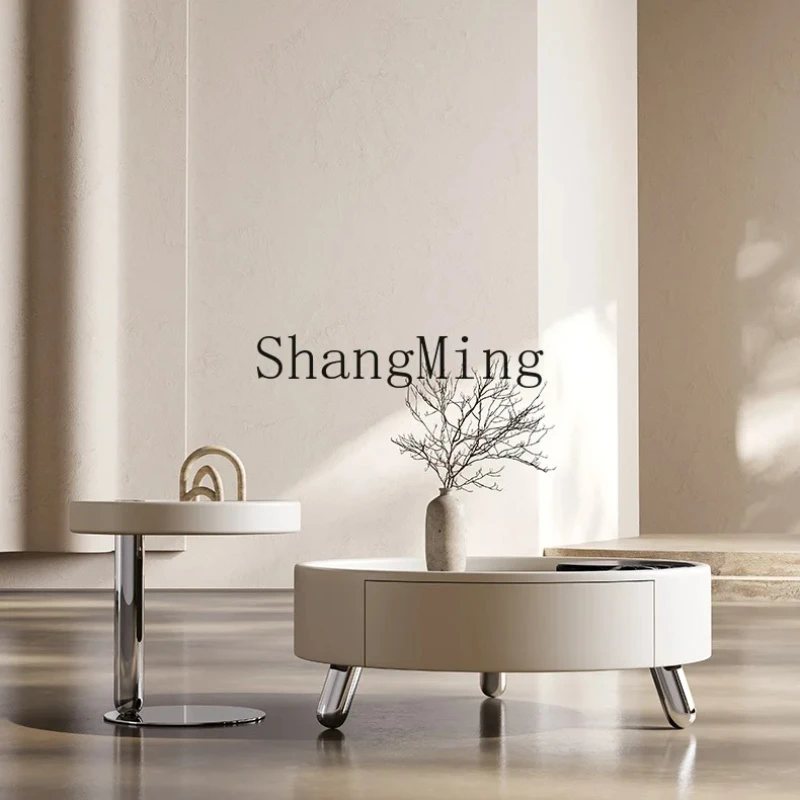 SM new cream style coffee table living room creative light luxury high sense round solid wood coffee table