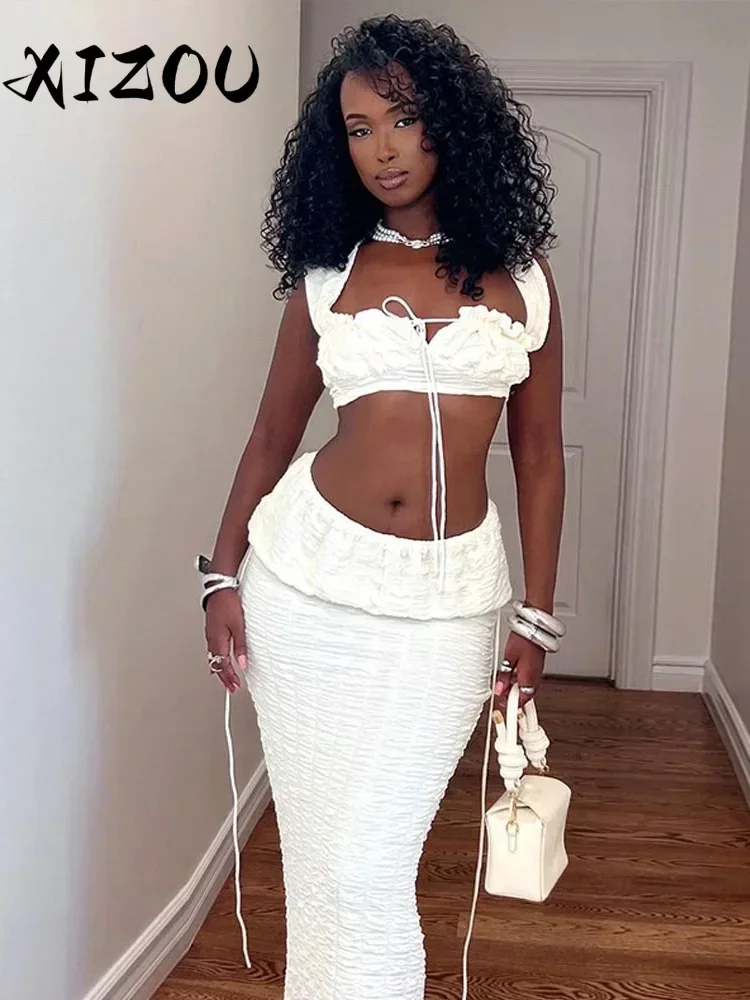 

XIZOU Ruched Elegant 2 Piece Set Women Hollow Square Collar Bandage Tank Tops+Stretch Long Skirts Midnight Sexy Trend Suits