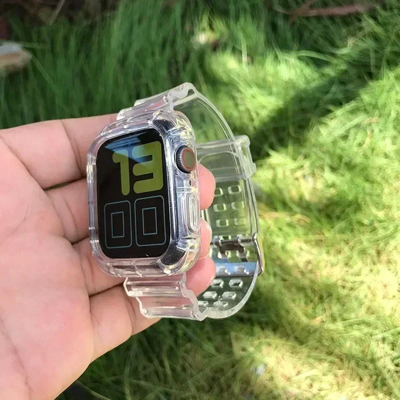 Transparentes Armband + Hülle für Apple Watch Serie 7 8 9 41 mm 45 mm 5 4 3 2 40 mm 44 mm 38 mm 42 mm transparentes Band für IWatch Ultra 2 1 49 mm